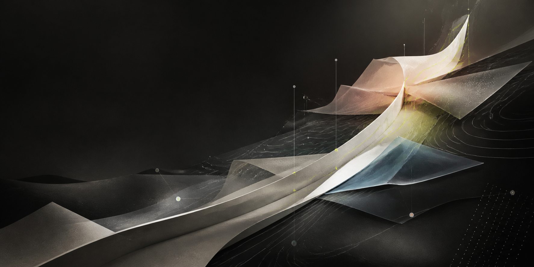 Layered paper and glass forms rising through a dark landscape