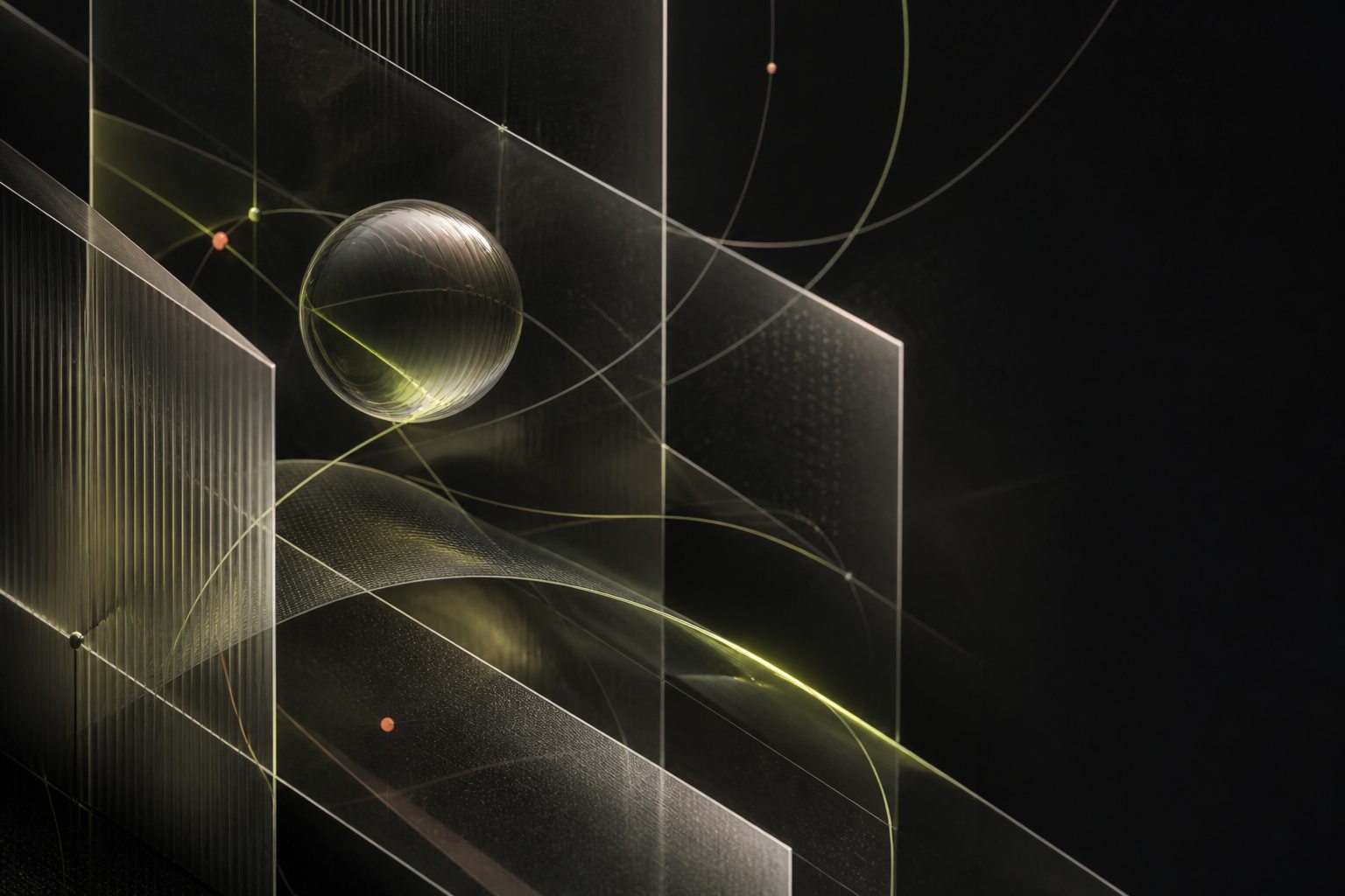 Abstract glass forms tracing signals through a dark field